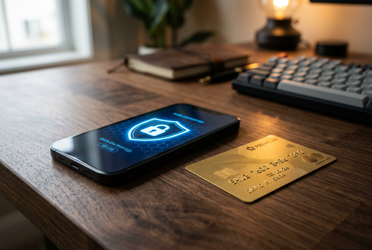 A digital shield icon on a smartphone screen representing online security.